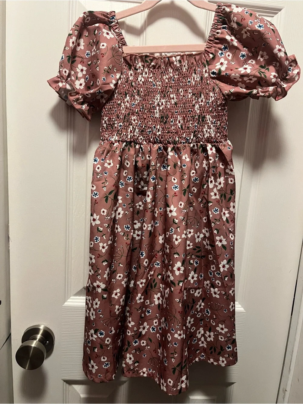 Girls Floral Smocked Puff Sleeve Dress | Pink Mauve | Size 5-6 | Cottagecore